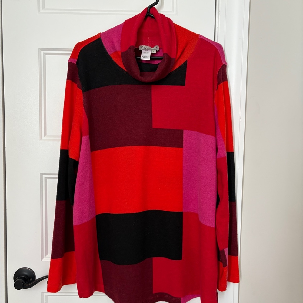 A’ La Carte Red and Pink Geometric Turtleneck Sweater